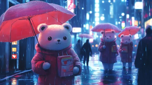 Umbrella bears wander neon rain, soft paws in city glow.