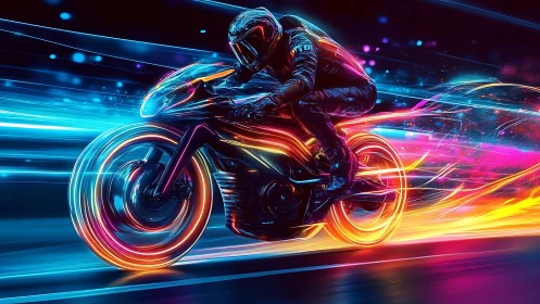Neon racing bike cuts through futuristic light trails.