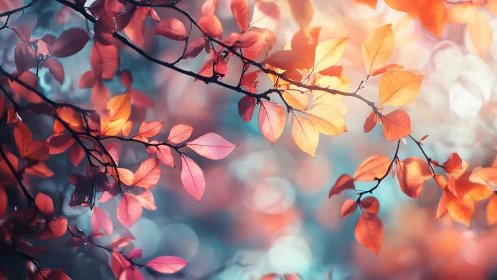 Backlit autumn foliage with shallow depth of field bokeh glow