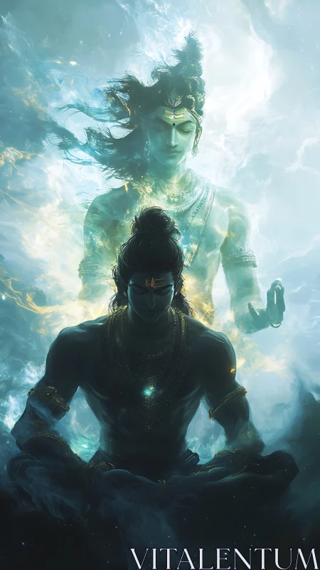 Mythic yogic deity in luminous astral meditation field