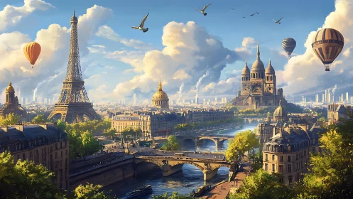 Paris cityscape shows Eiffel Tower, Sacré-Coeur and hot air balloons
