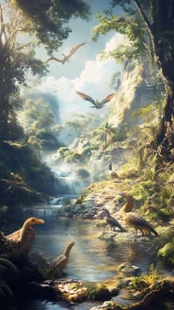 Sunlit dinosaur valley where ancient rivers still sing.