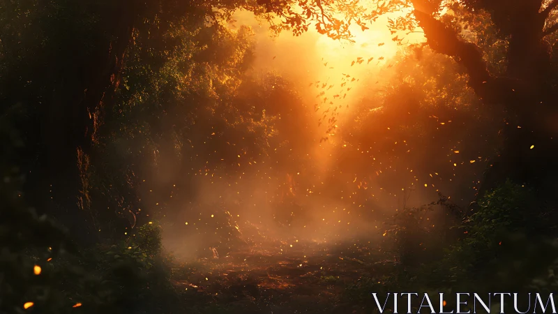 Golden Woodland Portal: Sunlit Forest Passage with Luminous Atmosphere.