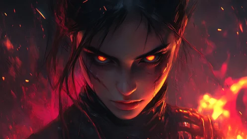 Fiery-eyed warrior emerges from infernal embers in focus.