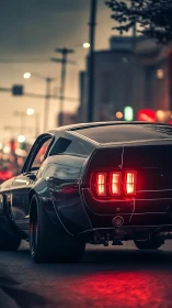 Classic fastback car on city street at dusk with lights on.