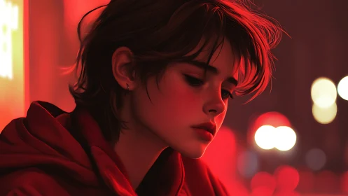 Neon hush around a wistful nightwalker in crimson glow.