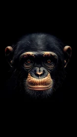 Gentle chimpanzee portrait glowing against deep black.
