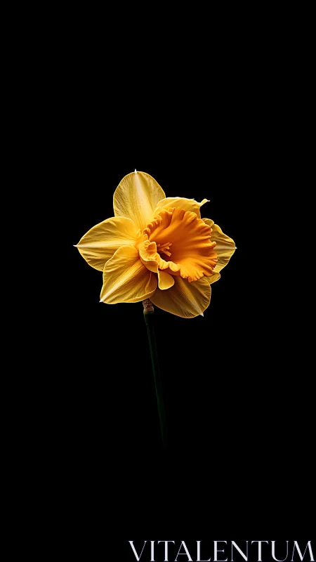 Golden daffodil with layered trumpet corona isolated against black background.