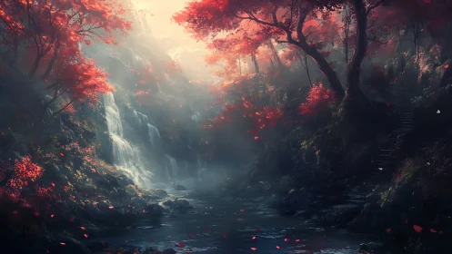 Luminescent Forest Canyon with Cascading Waterfall and Crimson Canopy.