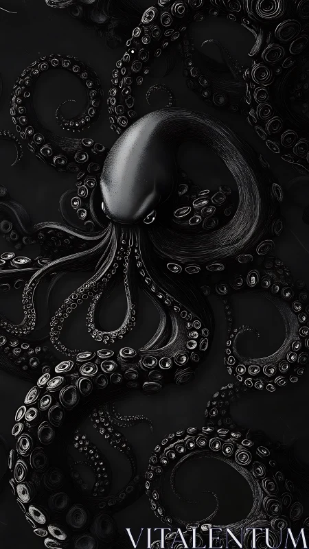 Midnight tangle of swirling octopus tentacles in ink-dark sea.