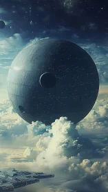 Giant metallic sphere hovers above dense cloud layer in sky