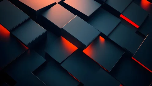 Dark geometric 3D cubes with glowing red highlights, digital art style.