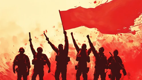 Revolutionary soldiers silhouetted under sweeping red flag.