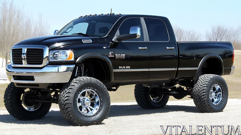 Lifted black Dodge Ram truck stands tall on off-road tires.