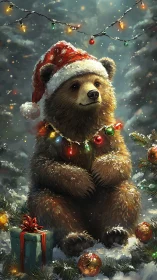 Soft-lit brown bear wearing Christmas lights in snowy forest