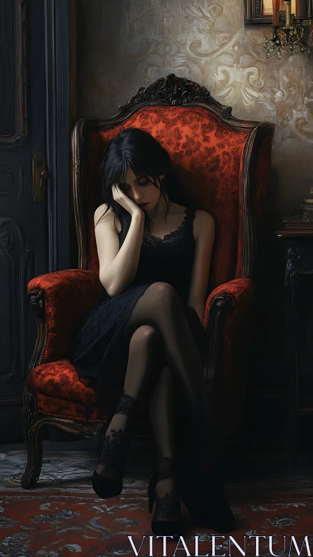 Melancholic woman in ornate red armchair at dusk.