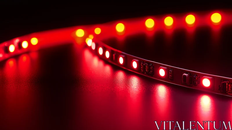 Red LED light strip on dark reflective surface at close range.