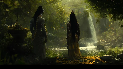 Two robed figures stand in a dense forest near a waterfall