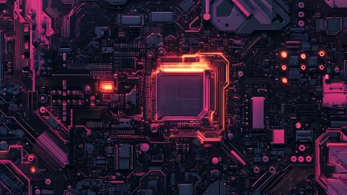 Neon lit motherboard closeup with central processor unit.