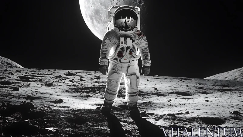Astronaut strides across lunar surface under stark moonlight.