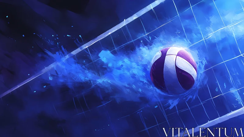 Volleyball slams through a neon net in electric blue motion
