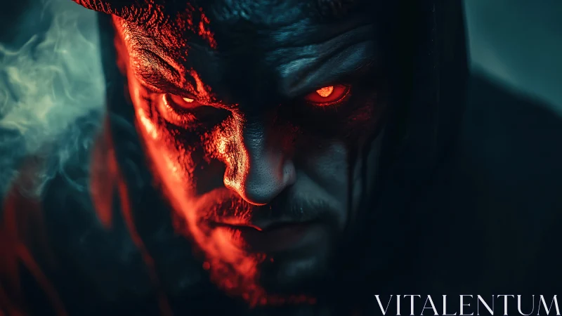 Demonic hooded figure with glowing red eyes in smoke.