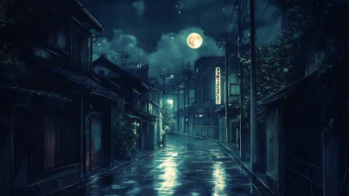 Moonlit rain over quiet urban street with traditional houses.