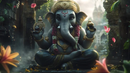 Gentle elephant deity in a glowing garden sanctuary.