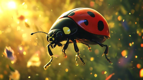 Ladybug hovers in midair against bright bokeh sunlight