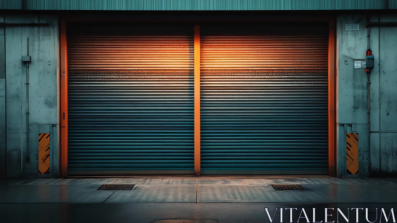 Twin steel shutters in neon dusk, humming with quiet suspense.