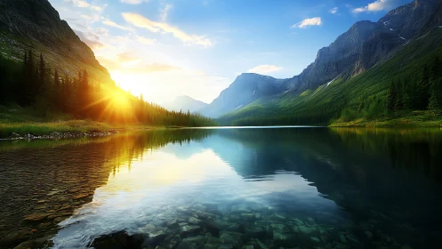 Photorealistic alpine lake at sunrise with reflective symmetry.