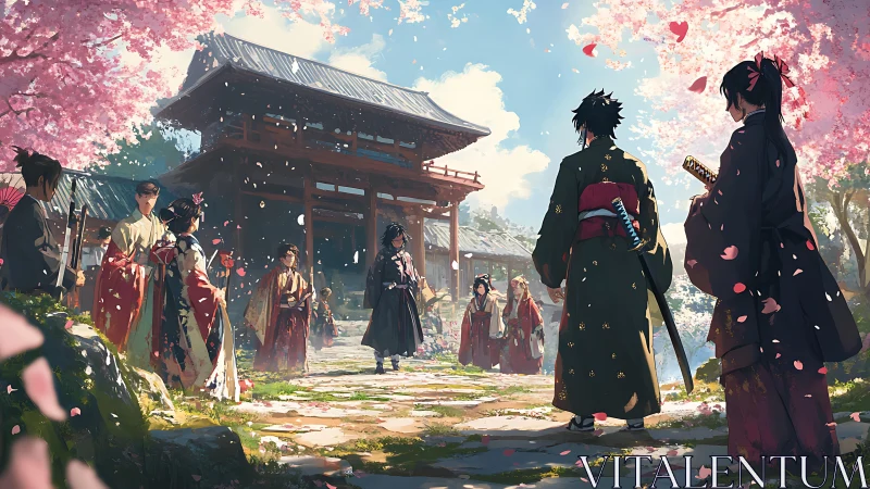 Samurai gathering under cherry blossoms at temple gate.