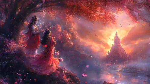 Twilight pilgrims in crimson silks before the dawning temple.