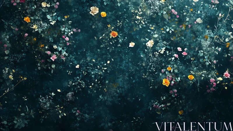 Dark Floral Composition: Layered Botanical Arrangement on Teal Backdrop.