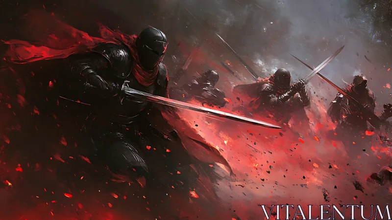 Armored swordsmen charge through ember storm in red-lit battlefield