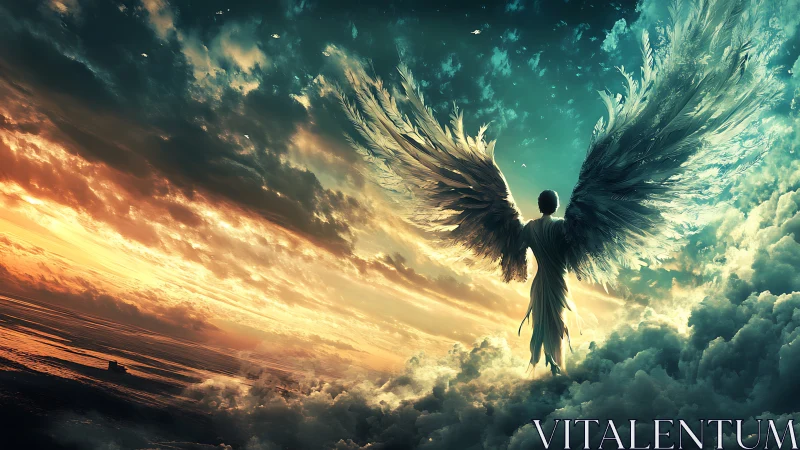 Winged figure above clouds at vivid divided sky.