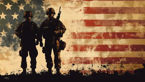 Standing strong together before a weathered US flag.