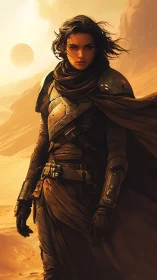 Desert-clad sentinel strides through twin-sunned stormlight