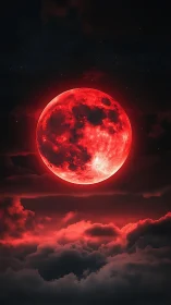 Digital painting of a radiant blood moon above storm clouds.
