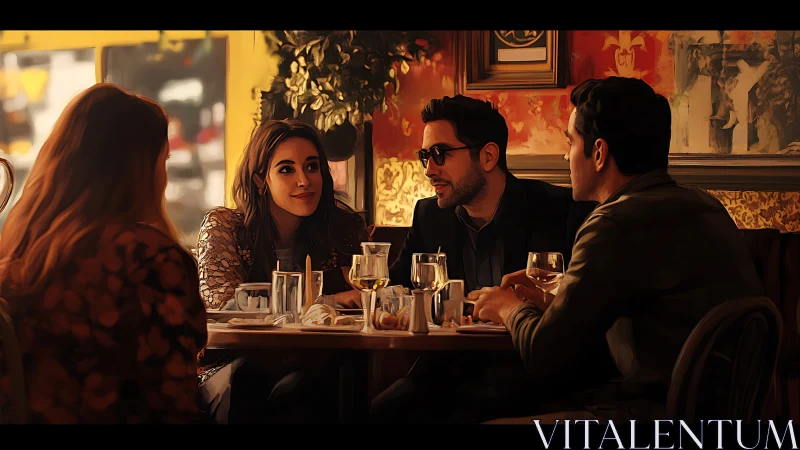 Warm bistro interior shows four friends engaged in intimate talk