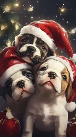 Santa hat puppy trio huddled in sparkling holiday glow.