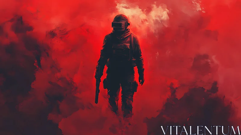 Tactical soldier silhouette in crimson atmospheric smoke field.
