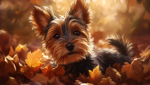 Small terrier-type dog amid autumn foliage in soft light.