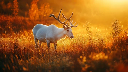 Sunlit ivory reindeer wandering through molten meadow gold.
