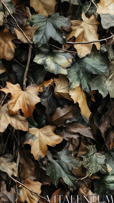 High-detail close-up of dry and fresh maple leaves overlapping