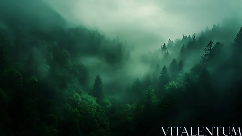 Atmospheric fog layering through evergreen forest canopy with volumetric light diffusion