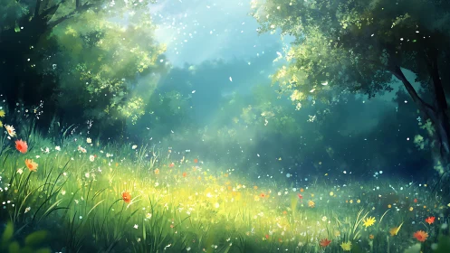 Sunlit forest meadow with soft bokeh blooms and drifting petals