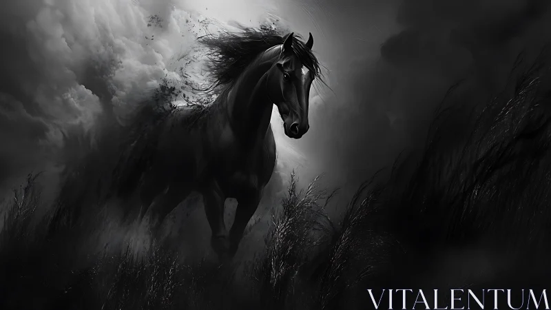 Stormborn midnight stallion racing through shadowed clouds.