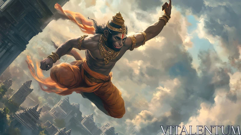 Hanuman-like warrior leaping over ancient stone cityscape.