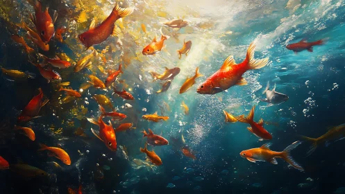 School of goldfish moving through sunlit underwater scene.